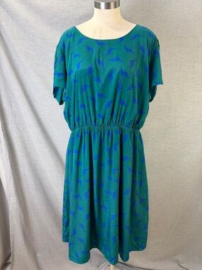 Peach Love California Teal Blue Dinosaur Print Blouson Midi Dress Plus 3XL